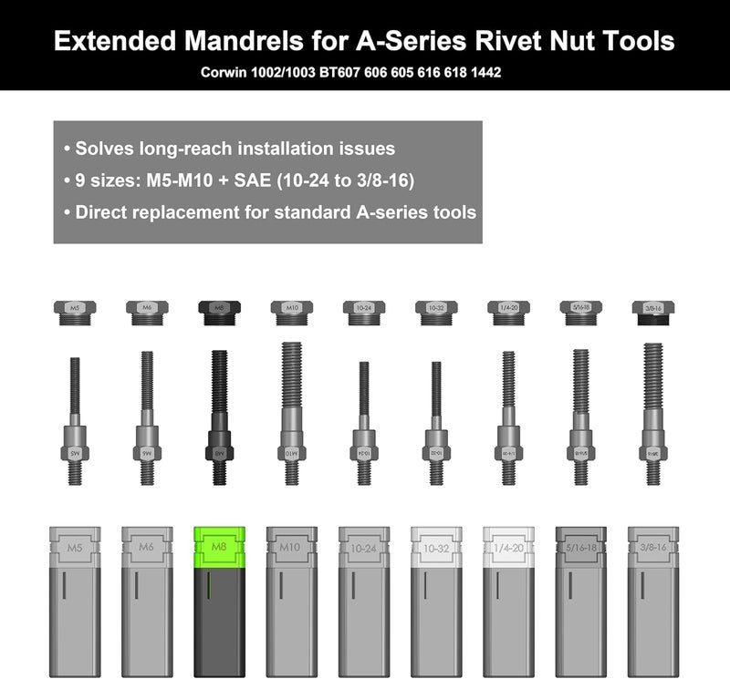 CORWIN Store M8 Extended Rivet Nut Gun Mandrels and Nosepiece Set, Specifically Designed for Installing Pre-bulbed Rivet Nuts and Similar Threaded Inserts. - Image 2